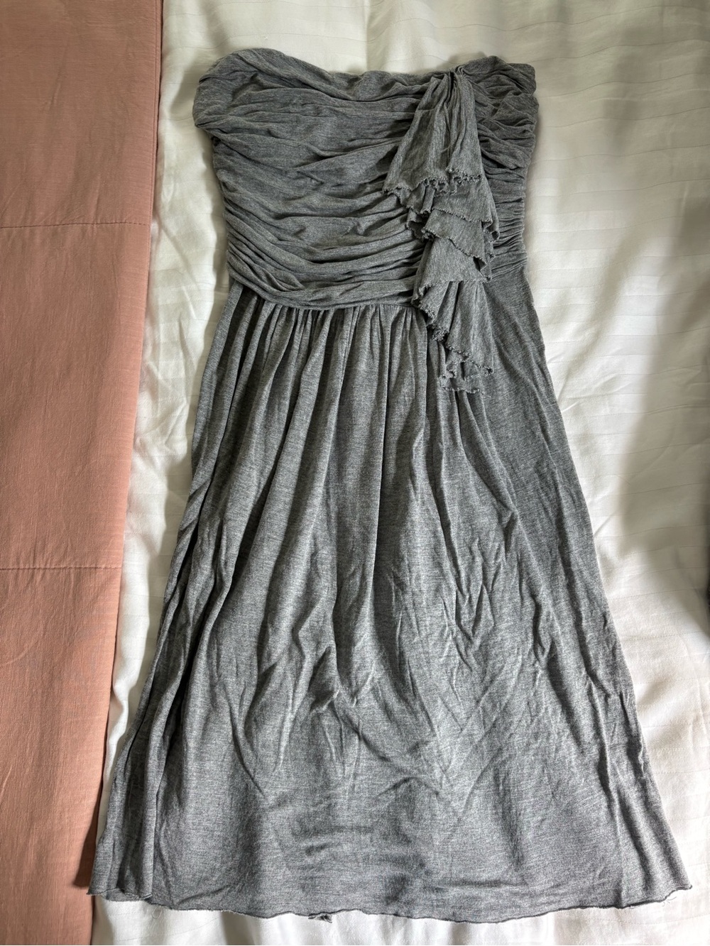 J. Crew Strapless Grey Ruched Midi Dress